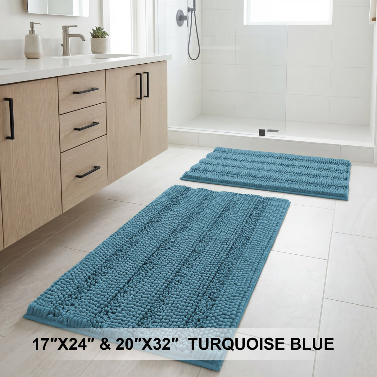 H.Versailtex 2 Pieces Extra Thick Chenille Striped Pattern Shaggy Bath Rugs Include 1 Rectangle and 1 Toilet Rug