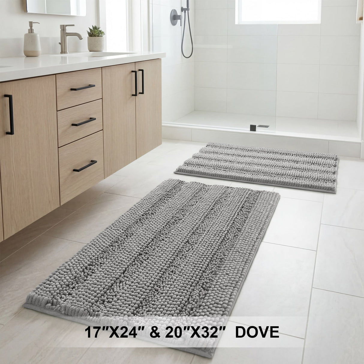 H.Versailtex 2 Pieces Extra Thick Chenille Striped Pattern Shaggy Bath Rugs Include 1 Rectangle and 1 Toilet Rug