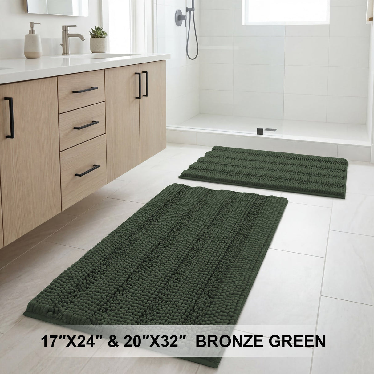 H.Versailtex 2 Pieces Extra Thick Chenille Striped Pattern Shaggy Bath Rugs Include 1 Rectangle and 1 Toilet Rug