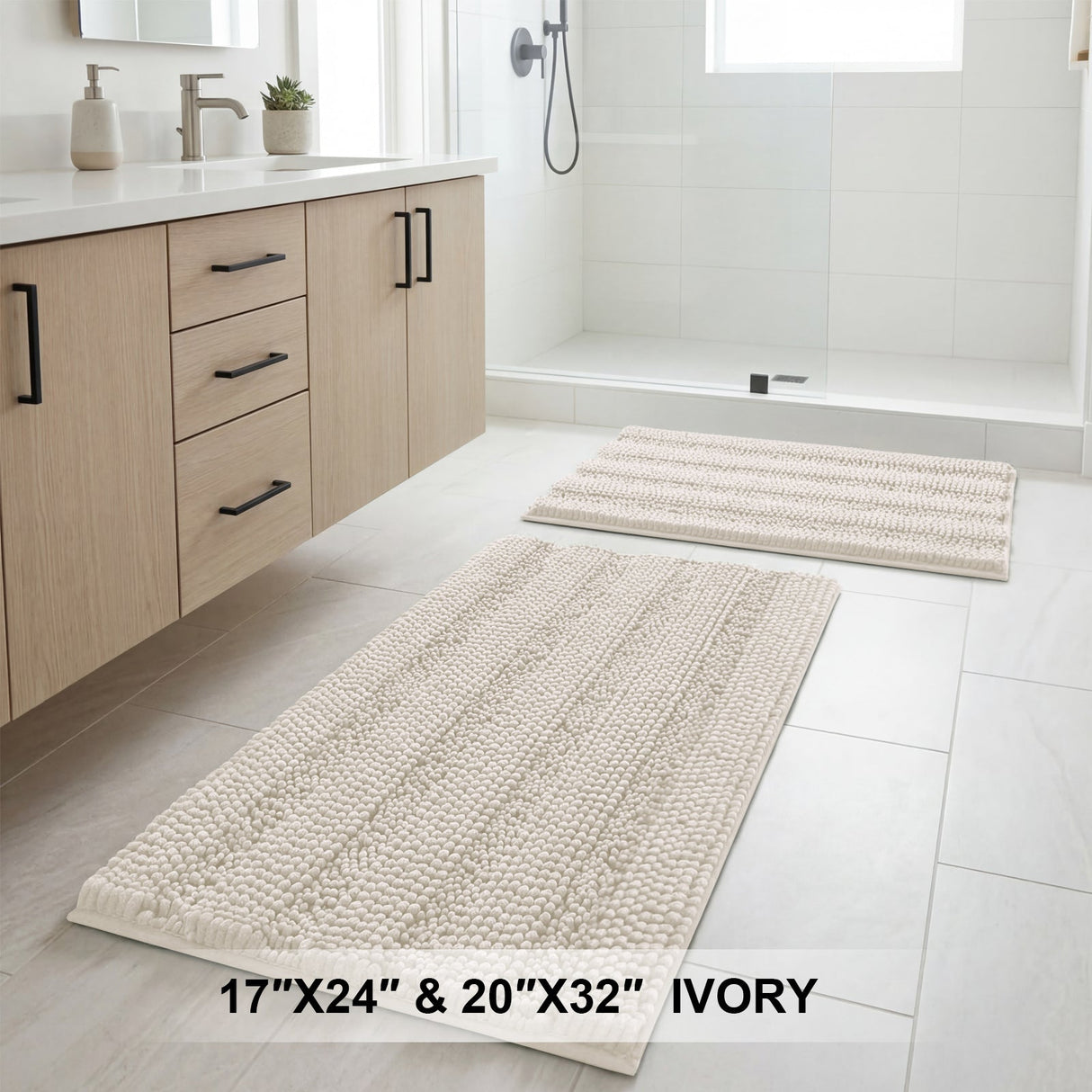 H.Versailtex 2 Pieces Extra Thick Chenille Striped Pattern Shaggy Bath Rugs Include 1 Rectangle and 1 Toilet Rug