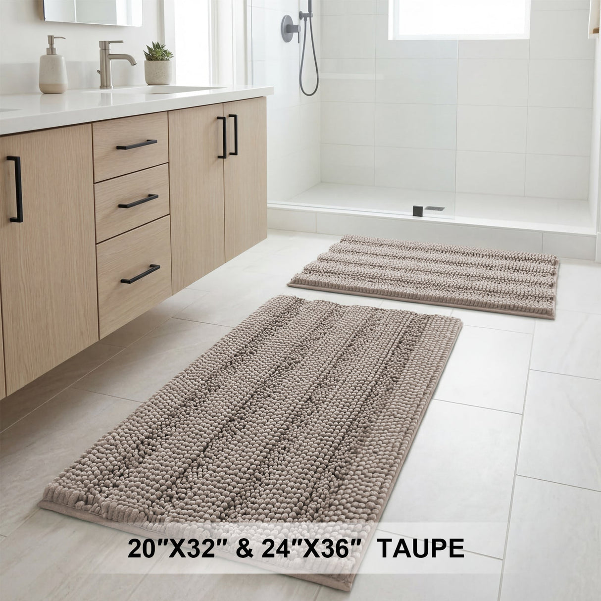H.Versailtex 2 Pieces Extra Thick Chenille Striped Pattern Shaggy Bath Rugs Include 1 Rectangle and 1 Toilet Rug