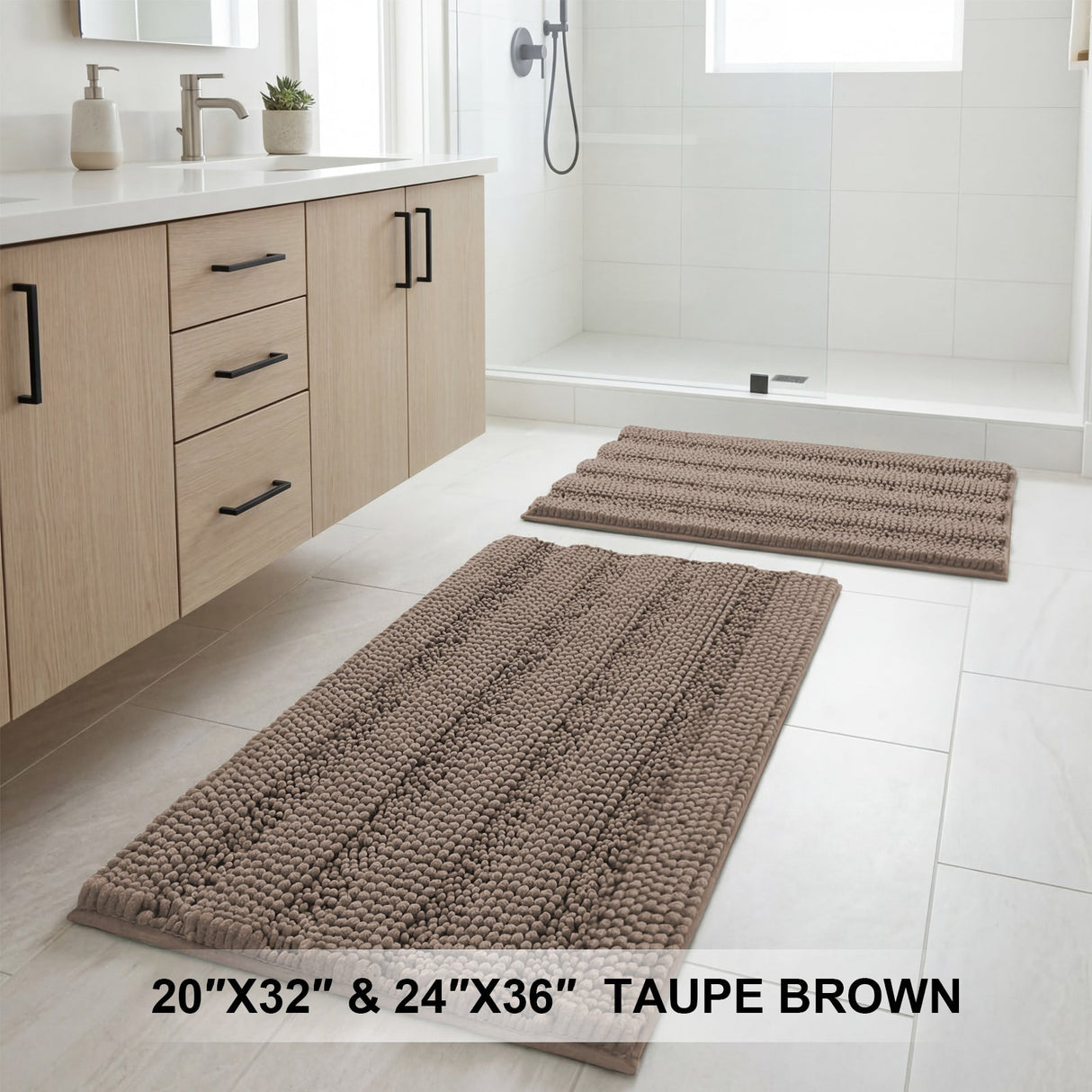 H.Versailtex 2 Pieces Extra Thick Chenille Striped Pattern Shaggy Bath Rugs Include 1 Rectangle and 1 Toilet Rug