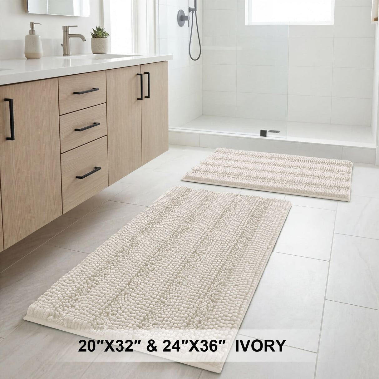 H.Versailtex 2 Pieces Extra Thick Chenille Striped Pattern Shaggy Bath Rugs Include 1 Rectangle and 1 Toilet Rug