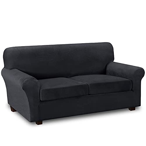 PrimeBeau Real Velvet Plush 3 Piece Stretch Loveseat Covers Couch Covers for 2 Cushions Couch Loveseat Covers
