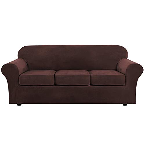 PrimeBeau Velvet 4 Piece High Stretch Sofa Slipcover Sofa Cover Furniture Protector Form Fit Thick Velvet Extra Large Sofa Cover for 3 Cushion Couch Covers