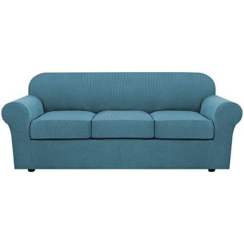 H.VERSAILTEX 4 Piece Stretch Sofa Covers for 3 Cushion Couch Covers for Living Room Furniture Slipcovers (Base Cover Plus 3 Seat Cushion Covers) Upgraded Thicker Jacquard Fabric (Sofa, Storm Blue)
