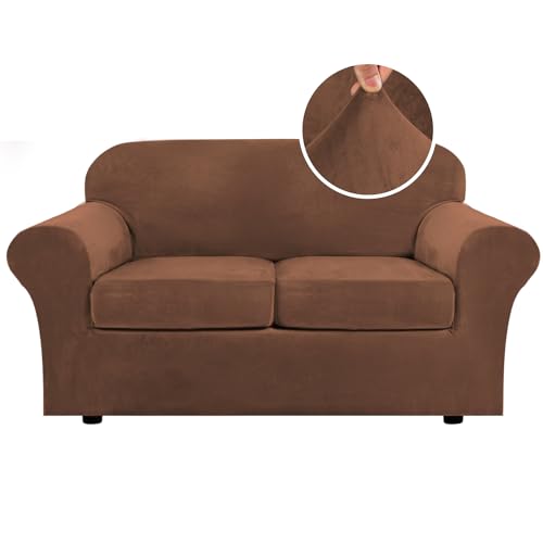 PrimeBeau Real Velvet Plush 3 Piece Stretch Sofa Covers Couch Covers for 2 Cushion Couch Loveseat Covers