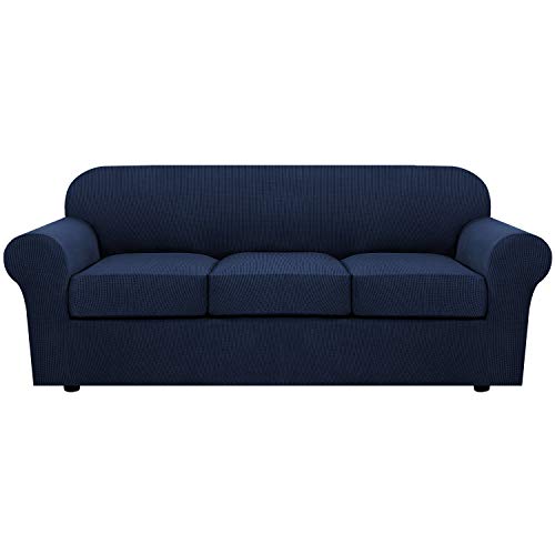 H.VERSAILTEX 4 Piece Stretch Sofa Covers for 3 Cushion Couch Covers for Living Room Furniture Slipcovers (Base Cover Plus 3 Seat Cushion Covers) Upgraded Thicker Jacquard Fabric (Sofa, Navy)