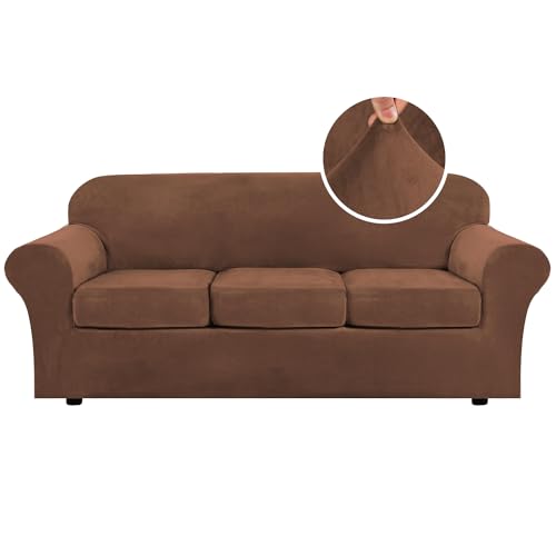 PrimeBeau Velvet 4 Piece High Stretch Sofa Slipcover Sofa Cover Furniture Protector Form Fit Thick Velvet Extra Large Sofa Cover for 3 Cushion Couch Covers