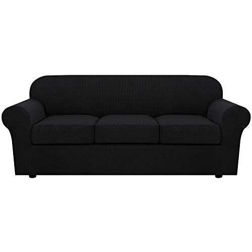 H.VERSAILTEX 4 Piece Stretch Sofa Covers for 3 Cushion Couch Covers for Living Room Furniture Slipcovers (Base Cover Plus 3 Seat Cushion Covers) Upgraded Thicker Jacquard Fabric (Large, Black)