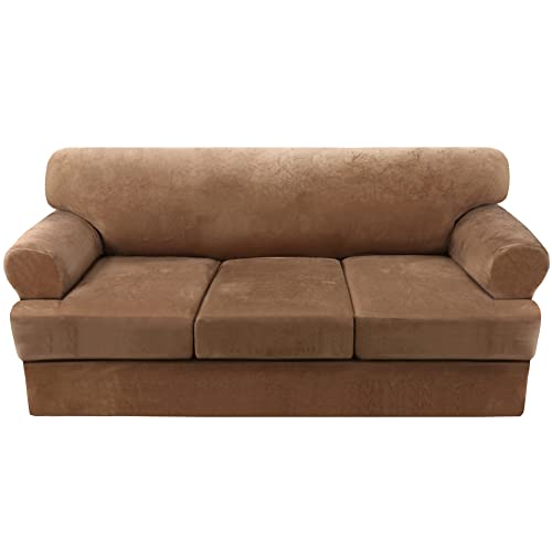 PrimeBeau Sofa Cover 4 Pieces T Cushion Sofa Slipcovers Thick Velvet Couch Cover Furniture Protector Stretch T Cushion Sofa Covers for 3 Cushion Couch with 3 Individual T Cushion Covers