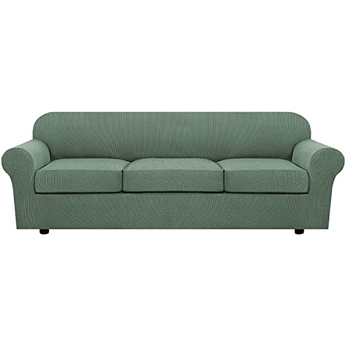 H.VERSAILTEX 4 Piece Stretch Sofa Covers for 3 Cushion Couch Covers for Living Room Furniture Slipcovers (Base Cover Plus 3 Seat Cushion Covers) Upgraded Thicker Jacquard Fabric (XL Sofa, Loden Frost)