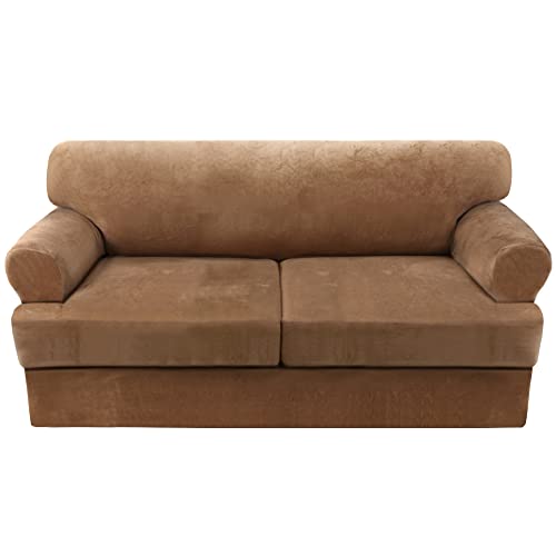 PrimeBeau Sofa Cover 3 Pieces T Cushion Loveseat Slipcovers Thick Velvet Couch Cover Furniture Protector Stretch T Cushion Sofa Covers for 2 Cushion Couch with 2 T Cushion Covers Washable