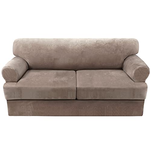 PrimeBeau Sofa Cover 3 Pieces T Cushion Loveseat Slipcovers Thick Velvet Couch Cover Furniture Protector Stretch T Cushion Sofa Covers for 2 Cushion Couch with 2 T Cushion Covers Washable