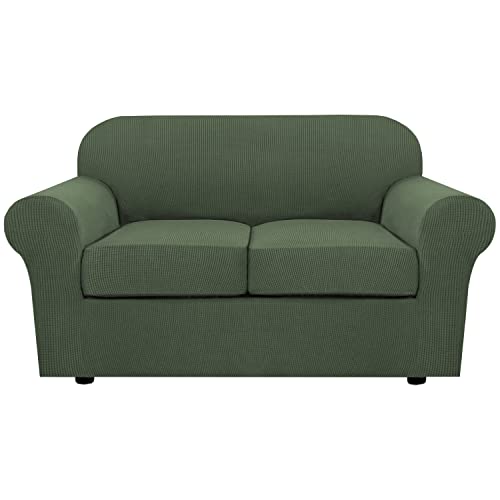 H.VERSAILTEX 3 Piece Stretch Sofa Covers for 2 Cushion Loveseat Couch Covers for Living Room Furniture Cover (Base Cover Plus 2 Seat Cushion Covers) Thicker Jacquard Fabric(Medium, Bronze Green)