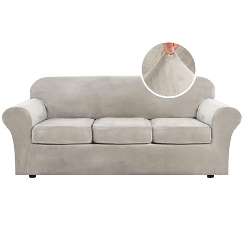 PrimeBeau Velvet 4 Piece High Stretch Sofa Slipcover Sofa Cover Furniture Protector Form Fit Thick Velvet Extra Large Sofa Cover for 3 Cushion Couch Covers