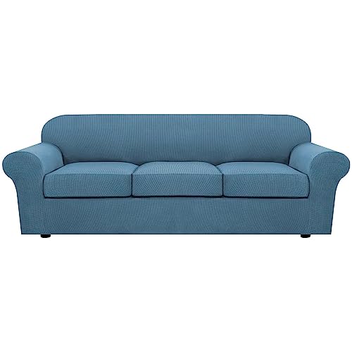 H.VERSAILTEX 4 Piece Stretch Sofa Covers for 3 Cushion Couch Covers for Living Room Furniture Slipcovers (Base Cover Plus 3 Seat Cushion Covers) Upgraded Thicker Jacquard Fabric (XL Sofa, Dusty Blue)