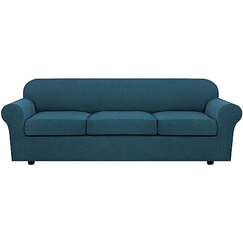 H.VERSAILTEX 4 Piece Stretch Sofa Covers for 3 Cushion Couch Covers for Living Room Furniture Slipcovers (Base Cover Plus 3 Seat Cushion Covers) Upgraded Thicker Jacquard Fabric (XL Sofa, Deep Teal)
