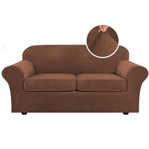 PrimeBeau Real Velvet Plush 3 Piece Stretch Sofa Covers Couch Covers for 2 Cushion Couch Loveseat Covers