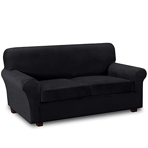 PrimeBeau Real Velvet Plush 3 Piece Stretch Loveseat Covers Couch Covers for 2 Cushions Couch Loveseat Covers