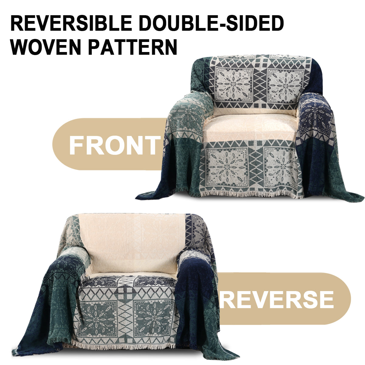 Premier Bohemian Cotton Sofa Cover Washable Throw Cover in Hippie-inspired Chenille Jacquard Fabric (71'' x 118'')