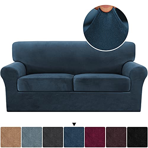 PrimeBeau Real Velvet Plush 3 Piece Stretch Loveseat Covers Couch Covers for 2 Cushions Couch Loveseat Covers