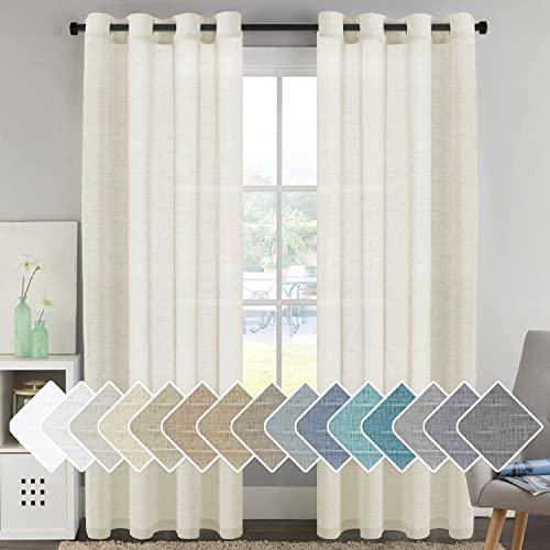 PrimeBeau Faux Linen Grommet Sheer Curtains - Set of 2 Panels 52 Series Long