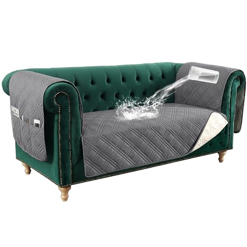 PrimeBeau 100% Waterproof Loveseat Couch Covers Traditional Chesterfield Sofa Covers with Extra Long Armrest Cover Waterproof and Washable Thick Couch Cover for Dogs (1 Piece)