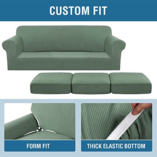 H.VERSAILTEX 4 Piece Stretch Sofa Covers for 3 Cushion Couch Covers for Living Room Furniture Slipcovers (Base Cover Plus 3 Seat Cushion Covers) Upgraded Thicker Jacquard Fabric (XL Sofa, Loden Frost)