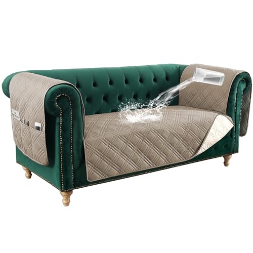 PrimeBeau 100% Waterproof Loveseat Couch Covers Traditional Chesterfield Sofa Covers with Extra Long Armrest Cover Waterproof and Washable Thick Couch Cover for Dogs (1 Piece)