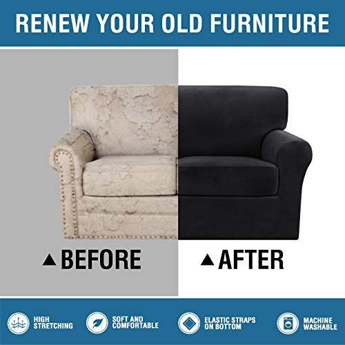 PrimeBeau Real Velvet Plush 3 Piece Stretch Loveseat Covers Couch Covers for 2 Cushions Couch Loveseat Covers