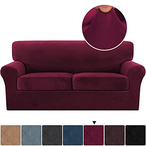 PrimeBeau Real Velvet Plush 3 Piece Stretch Loveseat Covers Couch Covers for 2 Cushions Couch Loveseat Covers