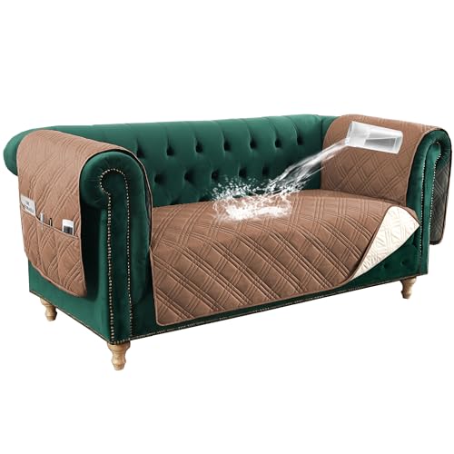 PrimeBeau 100% Waterproof Loveseat Couch Covers Traditional Chesterfield Sofa Covers with Extra Long Armrest Cover Waterproof and Washable Thick Couch Cover for Dogs (1 Piece)