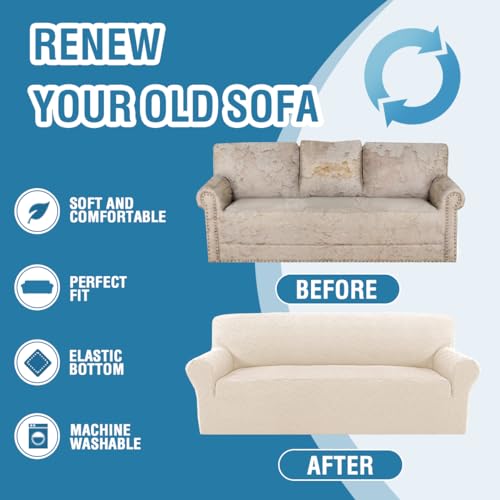 H.VERSAILTEX 2024 Newest Jacquard Couch Covers for 3 Cushion Couch 1 Piece Stretch Sofa Covers Furniture Protector Anti-Slip Soft Thickened Dogs Slipcovers Washable Wind Bell Pattern(Sofa, Ivory)