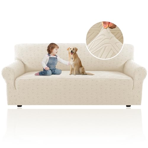 H.VERSAILTEX 2024 Newest Jacquard Couch Covers for 3 Cushion Couch 1 Piece Stretch Sofa Covers Furniture Protector Anti-Slip Soft Thickened Dogs Slipcovers Washable Diamond Pattern(Sofa, Ivory)