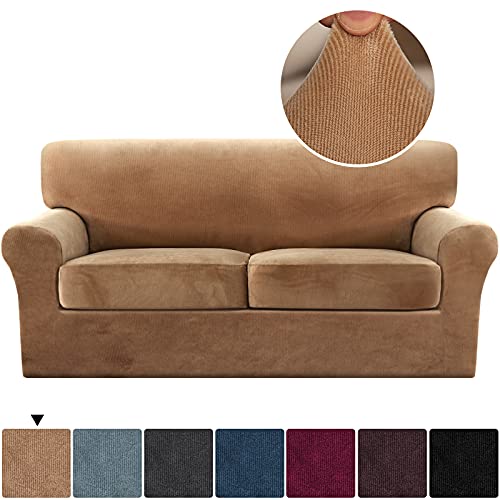 PrimeBeau Real Velvet Plush 3 Piece Stretch Loveseat Covers Couch Covers for 2 Cushions Couch Loveseat Covers