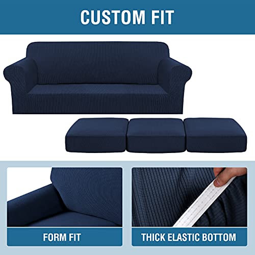 H.VERSAILTEX 4 Piece Stretch Sofa Covers for 3 Cushion Couch Covers for Living Room Furniture Slipcovers (Base Cover Plus 3 Seat Cushion Covers) Upgraded Thicker Jacquard Fabric (Sofa, Navy)