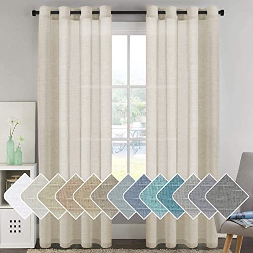 PrimeBeau Faux Linen Grommet Sheer Curtains - Set of 2 Panels 52 Series Long