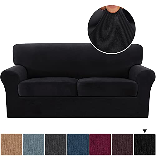 PrimeBeau Real Velvet Plush 3 Piece Stretch Loveseat Covers Couch Covers for 2 Cushions Couch Loveseat Covers