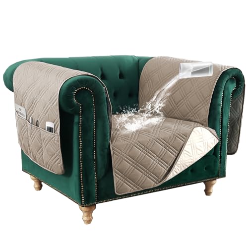 PrimeBeau 100% Waterproof Oversized Armchair Couch Covers Traditional Chesterfield Sofa Covers with Extra Long Armrest Cover Waterproof and Washable Thick Couch Cover for Dogs (1 Piece)
