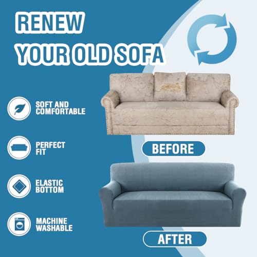 H.VERSAILTEX 2024 Newest Jacquard Couch Covers for 3 Cushion Couch 1 Piece Stretch Sofa Covers Furniture Protector Anti-Slip Soft Thickened Dogs Slipcovers Washable Crizzle Pattern(Sofa, Stone Blue)