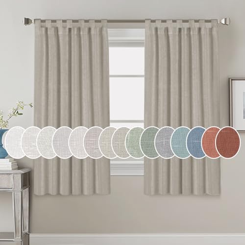 PrimeBeau Natural Linen Mix Tab Top Curtains, Light Filtering Panels (Set of 2)