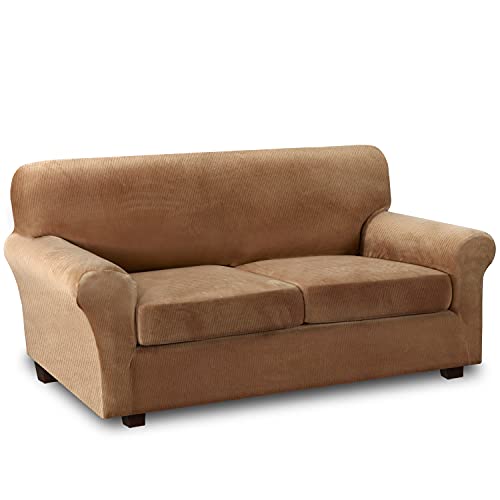 PrimeBeau Real Velvet Plush 3 Piece Stretch Loveseat Covers Couch Covers for 2 Cushions Couch Loveseat Covers