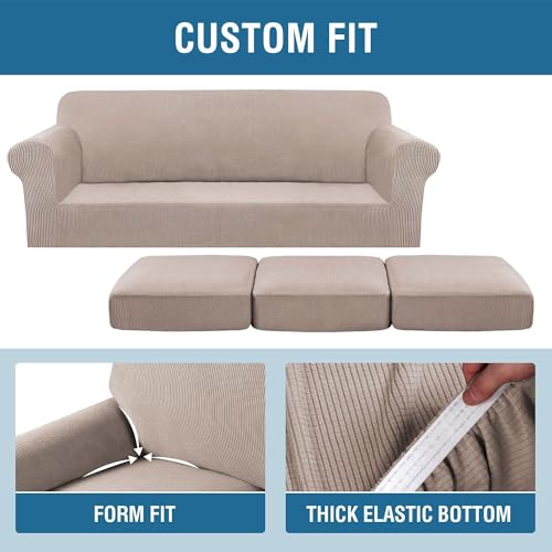H.VERSAILTEX 4 Piece Stretch Sofa Covers for 3 Cushion Couch Covers Furniture Slipcovers (1 Base Cover Plus 3 Seat Cushion Covers) Thicker Jacquard Fabric Cover (XL Sofa, Khaki Sand)