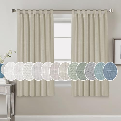 PrimeBeau Natural Linen Mix Tab Top Curtains, Light Filtering Panels (Set of 2)
