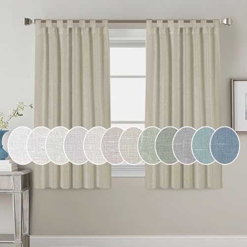 PrimeBeau Natural Linen Mix Tab Top Curtains, Light Filtering Panels (Set of 2)