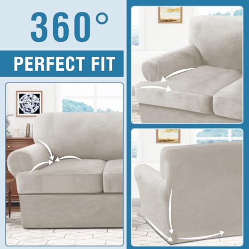 PrimeBeau 2 Piece Armchair Slipcovers Thick Velvet Couch Cover Furniture Protector Stretch Sofa Covers for 1 Cushion Couch with 1 Individual T Cushion Covers Washable