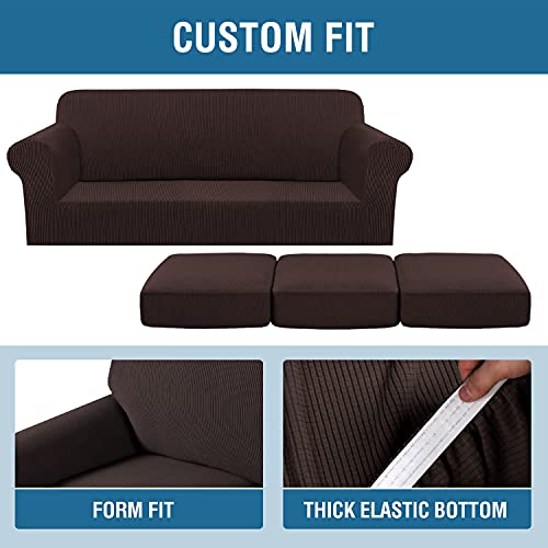 H.VERSAILTEX 4 Piece Stretch Sofa Covers for 3 Cushion Couch Covers for Living Room Furniture Slipcovers (Base Cover Plus 3 Seat Cushion Covers) Upgraded Thicker Jacquard Fabric (Sofa, Chocolate)