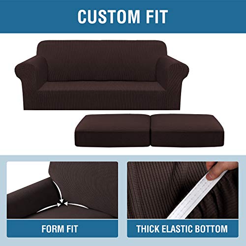 H.VERSAILTEX 3 Piece Stretch Sofa Covers for 2 Cushion Sofa Couch Covers for Living Room Sofa Slipcovers (Base Cover Plus 2 Seat Cushion Covers) Thicker Jacquard Fabric(Large Sofa, Chocolate)
