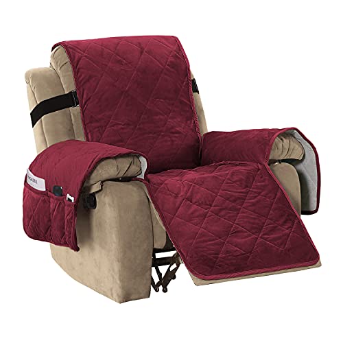 H.VERSAILTEX Thick Velvet Quilted Recliner Covers for Recliner Chair Cover Reclining Chair Slipcover Recliner Couch Cover with Non Slip Backing and Wider Elastic Strap (Oversaized Recliner, Burgundy)